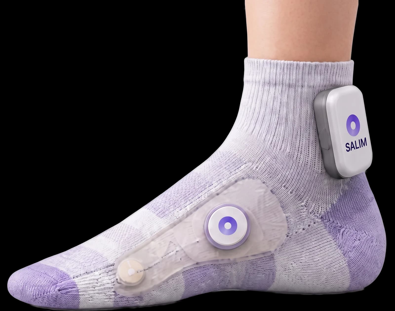 SALIM sock worn on the right foot, with the pod clipped at the ankle